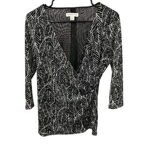 Coldwater Creek Womens Black White Leaf Print Wrap Top Sz Medium